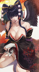  autumn_leaves black_hair breasts cleavage collarbone dead_or_alive female gauss_&lt;bokashi hair_ornament highres large_breasts licking_lips lips long_hair looking_at_viewer mole nyotengu purple_eyes sitting tongue tongue_out wings 