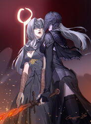  2girls black_dress covered_eyes dark_souls_(series) dark_souls_iii dress eye_mask fire_keeper gongxiao_zao grey_hair helmet highres long_hair multiple_girls white_hair yuria_of_londor 