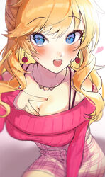  bare_shoulders blonde_hair blue_eyes blurry blush breasts chain_necklace chains cleavage collarbone cowboy_shot depth_of_field earrings female from_above fujima_(k114) heart heart_necklace high-waist_skirt highres idolmaster idolmaster_cinderella_girls jewelry large_breasts leaning_forward long_hair long_sleeves looking_at_viewer necklace off-shoulder_sweater off_shoulder ohtsuki_yui open_mouth pink_sweater pom_pom_(clothes) pom_pom_earrings ribbed_sweater sidelocks simple_background skirt smile solo sweater tsurime v wavy_hair 