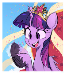  absurd_res alicorn awkward_smile bangs blunt_bangs border cloud confetti crown day equid equine eyebrows fanzeem female friendship_is_magic gesture hair hasbro headgear hi_res hooves horn mammal motion_lines my_little_pony mythological_creature mythological_equine mythology open_mouth open_smile outside purple_body purple_eyes purple_hair raised_inner_eyebrows smile solo teeth tiara tongue twilight_sparkle_(mlp) unguligrade waving white_border wings 