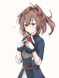  ascot belt blue_eyes blue_shirt breasts brown_belt brown_hair female flower gloves hair_between_eyes heart highres kantai_collection long_hair ponytail red_ascot red_flower red_rose rose sheffield_(kancolle) shirt short_sleeves small_breasts solo upper_body white_gloves yakuto007 