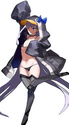  animal_hood arm_up ass_visible_through_thighs bad_id bad_pixiv_id bare_shoulders bikini black_bikini black_jacket blue_bow blue_eyes bow breasts choker collarbone fate/grand_order fate_(series) female full_body hirunagi hood hood_up jacket leg_up legs long_hair looking_at_viewer meltryllis_(fate) meltryllis_(swimsuit_lancer)_(fate) meltryllis_(swimsuit_lancer)_(first_ascension)_(fate) navel open_clothes open_jacket osomatsu-kun osomatsu-san osomatsu_(series) penguin_hood prosthesis prosthetic_leg purple_hair sheeeh! simple_background sleeves_past_fingers sleeves_past_wrists small_breasts smile solo standing standing_on_one_leg swimsuit thigh_gap very_long_hair white_background 