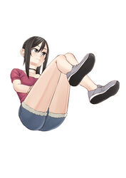  amanchu! black_eyes black_hair choker cutoffs easy_(aqk7bdqt) female from_below full_body hair_between_eyes katori_mato shirt shoes simple_background solo t-shirt white_background 