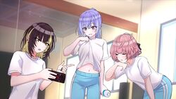  3girls black_hair blonde_hair blue_pants bottle closed_eyes cometik_(idolmaster) commentary fingernails highres holding holding_bottle holding_phone idolmaster idolmaster_shiny_colors ikaruga_luca ikuta_haruki indoors leaning_forward looking_at_phone mirror multicolored_hair multiple_girls nail_polish navel pants phone pink_hair purple_hair shirt streaked_hair suzuki_hana sxhm44 track_pants white_shirt 