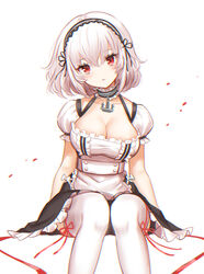  anchor_choker apron azur_lane bad_id bad_pixiv_id blush breasts cleavage collarbone commentary_request dress feet_out_of_frame female hair_between_eyes head_tilt highres kiki-yu knees_together_feet_apart large_breasts looking_at_viewer maid maid_apron maid_headdress parted_lips puffy_short_sleeves puffy_sleeves red_eyes red_ribbon ribbon short_hair short_sleeves simple_background sirius_(azur_lane) sitting solo thighhighs white_background white_dress white_hair white_thighhighs 