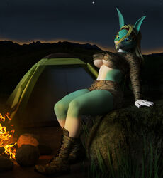  3d_(artwork) absurd_res animal_humanoid anthro bbdworks blonde_hair blue_eyes boots campfire camping_tent canid canid_humanoid canine canine_humanoid clothed clothing cozy daz_studio_(artwork) digital_media_(artwork) female footwear fox fox_humanoid green_body green_skin hair hi_res humanoid ippan_josei mammal mammal_humanoid my_hero_academia night quirked_human_(my_hero_academia) solo tent 