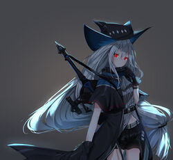  absurdres adjusting_collar arknights artist_name belt black_coat black_gloves black_hat black_shorts bracelet breasts closed_mouth coat commentary_request cowboy_shot expressionless female floating_hair gloves glowing glowing_eyes gradient_background grey_background grey_hair grey_shirt hair_between_eyes hat highres jewelry ku-ini long_hair looking_at_viewer low-tied_long_hair midriff navel neckerchief partially_unbuttoned red_eyes science_fiction shade shirt short_shorts shorts shoulder_strap signature simple_background skadi_(arknights) small_breasts solo sword thighs weapon 