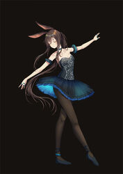  absurdres adapted_costume amiya_(arknights) animal_ears ankle_ribbon anklet arknights arm_cuffs ballerina ballet ballet_slippers black_background black_dress black_pantyhose blue_footwear breasts brown_hair choker closed_eyes closed_mouth collarbone commentary_request dancing dress expressionless eyelashes female frilled_cuffs frilled_skirt frills full_body highres jewelry ku-ini leg_ribbon leotard long_hair miniskirt multiple_rings off-shoulder_dress off_shoulder outstretched_arms pantyhose pleated_skirt rabbit_ears ribbon ring see-through_silhouette shoes short_dress simple_background skirt small_breasts solo standing thumb_ring 