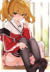  absurdres ahoge ass bag black_thighhighs blonde_hair blue_archive blush brown_eyes chinese_commentary commentary feet female hair_ribbon highres jacket legs long_hair long_sleeves looking_at_viewer mr.zhuo no_shoes oerba_yun_fang open_mouth panties pleated_skirt red_jacket ribbon school_bag sitting skin_fang skirt solo thighhighs thighs toes track_jacket twintails underwear white_panties yoshimi_(blue_archive) 