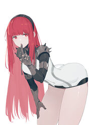  absurdres bare_shoulders black_hairband bodysuit female hairband highres huang_(volt0526) long_hair mechanical_arms punishing:_gray_raven red_eyes red_hair sidelocks solo vera:_rozen_(punishing:_gray_raven) vera_(punishing:_gray_raven) very_long_hair white_background white_bodysuit 