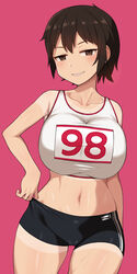  adjusting_clothes adjusting_shorts bike_shorts black_shorts blush breasts brown_eyes brown_hair clothes_writing collarbone commentary_request cowboy_shot female grin highres huge_breasts looking_at_viewer midriff naughty_face navel nt00 original parted_lips photoshop_(medium) race_bib red_background short_hair short_shorts shorts simple_background smile solo sports_bra sweat tan tanlines track_and_field white_sports_bra 