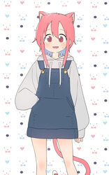  absurdres animal_ears blush bural_chingu cat_ears cat_girl cat_tail commentary dress extra_ears female hair_between_eyes highres hood hoodie korean_commentary lee_ji-eun looking_at_viewer luke_(dydansgur) oerba_yun_fang pinafore_dress pink_eyes pink_hair short_hair short_hair_with_long_locks sidelocks skin_fang sleeveless sleeveless_dress smile solo sweatdrop tail 