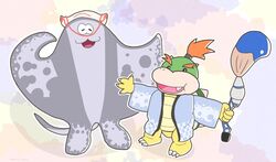  anthro big_man_(splatoon) bowser_jr. clothing duo fish grey_body hair hat headgear headwear hi_res inkbrush kame_clown koopa male manta_ray marine mario_bros nintendo ray_(fish) red_hair scalie shell speckled_body spiked_shell spikes spikes_(anatomy) splatoon stingray young young_anthro young_male 