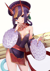  absurdres bare_shoulders braid braided_hair_rings breasts chinese_clothes closed_mouth covered_navel dress eyeliner fate/grand_order fate_(series) female fingernails frills hair_rings hat highres horns jiangshi licking_lips long_sleeves looking_at_viewer makeup off_shoulder ofuda oni peacock_feathers pelvic_curtain pointy_ears purple_dress purple_eyes purple_hair purple_hat qingdai_guanmao sao7 sash sharp_fingernails short_eyebrows short_hair shuten_douji_(fate) shuten_douji_(festival_outfit)_(fate) simple_background skin-covered_horns small_breasts smile solo thighs tongue tongue_out twin_braids very_long_fingernails white_background wide_sleeves 