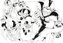  2girls 6+boys :d ^_^ absurdres american_football american_football_(object) american_football_helmet american_football_uniform ball beard character_request cheerleader closed_eyes closed_mouth eyeshield_21 facial_hair fat gloves greyscale grin helmet highres holding holding_ball inset kobayakawa_sena looking_at_viewer monochrome multiple_boys multiple_girls murata_yuusuke official_art open_mouth pants pointing projected_inset running sanpaku scan sharp_teeth shirt shoulder_pads smile sportswear teeth traditional_media 