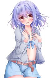  1boy absurdres asuka_minato belt bikini blue_bikini blue_hair blue_shorts blush braid brown_belt covering_breasts covering_privates cowboy_shot crossdressing embarrassed grey_sweater hair_between_eyes hands_up head_tilt highres koyo_aki_(vtvd5277) long_sleeves looking_at_viewer male_focus navel open_mouth otoko_no_ko otome_domain red_eyes short_hair shorts simple_background single_braid single_hair_intake solo standing stomach sweater swimsuit wavy_mouth white_background 