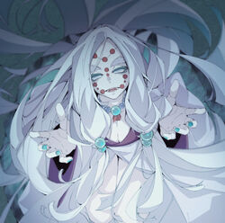  absurdres aqua_nails asl_135 bad_id bad_pixiv_id bead_necklace beads breasts facial_tattoo female highres japanese_clothes jewelry kimetsu_no_yaiba kimono long_hair long_sleeves mother_spider_demon_(kimetsu_no_yaiba) necklace rock sitting solo tattoo tearing_up tears thick_eyebrows very_long_hair white_eyes white_hair 