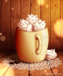  2018 ambiguous_gender bean bloominglynx cheek_tuft coffee_bean container cup empty_eyes facial_tuft fur group head_tuft hi_res lying mug on_front simple_eyes smile tuft white_body white_fur 