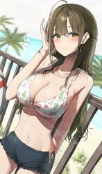  ahoge alternate_hairstyle arm_behind_back bare_shoulders bikini black_shorts blurry blurry_background blush bracelet breasts brown_eyes brown_hair cleavage closed_mouth cloud cloudy_sky collarbone dutch_angle earrings female fence floral_print hair_over_shoulder hand_up highres horizon idolmaster idolmaster_shiny_colors jewelry kuwayama_chiyuki large_breasts long_hair looking_at_viewer navel noeru ocean outdoors palm_tree print_bikini short_shorts shorts side_slit sky smile solo sparkle standing swimsuit tree underboob weeds wet white_bikini wooden_fence 