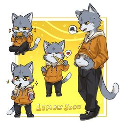  anthro belly beverage blush bubble_tea burger canid canine clothed clothing crepe domestic_cat eating felid feline felis food hi_res holding_object hoodie lemon_soda_(northwoooof) male mammal northwoooof pizza slightly_chubby smile solo sparkles star_eyes topwear 