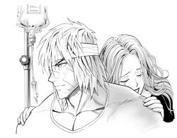  1boy absurdres bandaged_head bandages bandaid bandaid_on_cheek bandaid_on_face bandaid_on_nose closed_mouth eliza_masters female fingernails greyscale highres intravenous_drip iv_stand ken_masters medium_hair monochrome murata_yuusuke muscular shirt simple_background smile street_fighter tears traditional_media white_background 