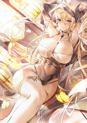  absurdres azur_lane between_breasts blonde_hair breasts cleavage fake_horns feet_out_of_frame female habit highres horns huge_breasts implacable_(azur_lane) long_bangs long_hair looking_at_viewer lying nun on_side pelvic_curtain red_eyes revealing_clothes solo thighhighs very_long_hair white_thighhighs xiongshouji 