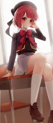  absurdres arima_kana arm_support backlighting beret blue_jacket blunt_ends blush chair cropped_jacket curtains desk female grey_skirt hat highres indoors jacket kko_nyal kneehighs looking_at_viewer on_desk oshi_no_ko red_eyes red_hair school_chair school_desk school_uniform short_hair sitting skirt smile socks solo white_socks youtou_high_school_uniform 