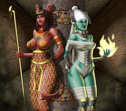  armlet armor bandage clothed clothing dress duo ear_piercing ear_ring egyptian egyptian_clothing egyptian_headdress egyptian_mythology elemental_manipulation female fire fire_manipulation forked_tail gauntlets gloves green_body green_skin hair hairless_ears handwear headdress hi_res humanoid jewelry legwear long_ears long_tail malcolm_douglas mammal middle_eastern_mythology mummy mummy_wrappings muscular muscular_female mythology pasties piercing red_body red_eyes red_skin ring_piercing set_(species) staff stockings tail undead unusual_anatomy unusual_tail yellow_eyes 