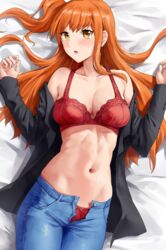  bare_shoulders bed_sheet black_jacket blue_pants bra breasts cleavage collarbone cowboy_shot denim fate/grand_order fate_(series) female from_above fujimaru_ritsuka_(female) hands_up highres jacket jeans long_hair long_sleeves looking_at_viewer lying medium_breasts navel on_back on_bed one_side_up open_clothes open_fly open_jacket open_mouth open_pants orange_hair panties pants red_bra red_panties sarhce solo stomach toned unbuttoned underwear w_arms yellow_eyes 