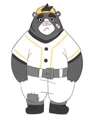  2020 absurd_res adios anthro bear black_body black_fur bottomwear brand_new_animal clothing fur hat headgear headwear hi_res male mammal pants shirt simple_background slightly_chubby sloth_bear_(brand_new_animal) solo studio_trigger topwear white_background 