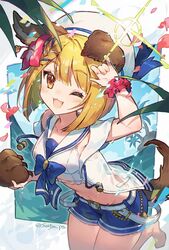  :3 animal_ears animal_hands arm_up bad_feet barefoot belt blonde_hair blue_neckerchief blue_shorts blue_sky bob_cut border breasts commentary dog_ears dog_girl dog_tail erune feet_out_of_frame female flower granblue_fantasy hair_flower hair_ornament hat hibiscus highres island jacket leg_up lens_flare looking_at_viewer medium_breasts neckerchief ocean official_alternate_costume one_eye_closed open_clothes open_jacket open_mouth palm_tree red_flower sailor_collar sailor_hat scrunchie see-through see-through_jacket shorts sky smile solo soriya tail tank_top tree twitter_username vajra_(granblue_fantasy) vajra_(summer)_(granblue_fantasy) white_belt white_hat white_sailor_collar white_tank_top wrist_scrunchie yellow_eyes 