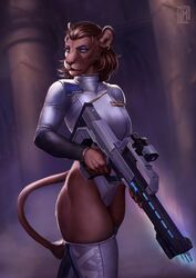  2020 anthro blue_eyes brown_hair clothed clothing digital_media_(artwork) ear_piercing eyebrows eyelashes felid female gun hair hi_res holding_gun holding_object holding_ranged_weapon holding_weapon lion mammal moon-s pantherine piercing ranged_weapon science_fiction solo space_force star_trek weapon 