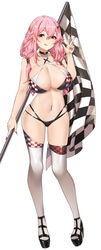  absurdres ass_visible_through_thighs bare_shoulders bikini black_bikini black_footwear blush breasts checkered_flag cleavage collarbone commentary commission english_commentary female fingernails flag full_body guilty_crown hair_between_eyes hair_ornament hairclip halterneck hand_up high_heels highleg highleg_bikini highres holding holding_flag kaiend large_breasts long_fingernails long_hair looking_at_viewer low_twintails midriff mismatched_bikini multi-strapped_bikini navel navel_piercing piercing pink_hair pink_nails race_queen red_eyes sidelocks simple_background skindentation smile solo standing swimsuit thighhighs twintails v white_background white_bikini white_thighhighs yuzuriha_inori 