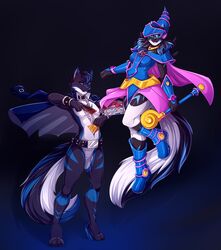  2020 4_toes 5_fingers anthro black_hair canid canine clothed clothing digital_media_(artwork) duo feet fingers hair hi_res knight_dd konami male mammal simple_background solo toes yu-gi-oh! 