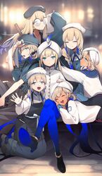  1boy 5others apron aqua_eyes baker_nemo_(fate) blue_hair blue_legwear braid captain_nemo_(fate) collared_shirt crossed_legs dirty dirty_face engineer_nemo_(fate) fate/grand_order fate_(series) glasses gradient_hair hat highres long_hair long_sleeves looking_at_viewer marine_nemo_(fate) military military_uniform multicolored_hair multiple_others naval_uniform nemo_(fate) no-kan nurse_nemo_(fate) open_mouth platinum_blonde_hair professor_nemo_(fate) ruler shirt sitting smile tan turban twintails two-tone_hair uniform 