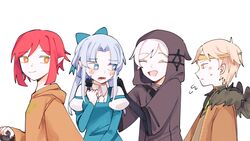  2boys 2girls blonde_hair blue_eyes blush closed_eyes corme_linkbell embarrassed fukuro_(woasu) giera_toph highres long_hair looking_at_another multiple_boys multiple_girls nabob ophelia_pilet orange_eyes pale_skin pointy_ears red_hair short_hair smile walking_on_a_star_unknown white_hair 