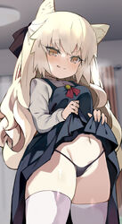  absurdres animal_ear_fluff animal_ears black_dress black_panties black_ribbon blonde_hair blush breasts clothes_lift dress dress_lift female hair_ribbon highres licking_lips long_hair long_sleeves looking_at_viewer navel orange_eyes original panties ribbon shimejinameko shirt small_breasts smile solo thighhighs thighs tongue tongue_out underwear very_long_hair white_shirt white_thighhighs 