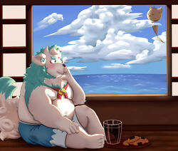  2020 agyo_(tas) anthro asian_mythology azzyyan belly blush bottomwear clothing detailed_background east_asian_mythology foo_dog fur hi_res japanese_mythology kemono komainu lifewonders male mammal moobs mythology nipples overweight overweight_anthro overweight_male shorts sitting solo tokyo_afterschool_summoners water white_body white_fur yokai 