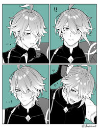  ! !! ...! 1boy ahoge alhaitham_(genshin_impact) blush cape closed_mouth commentary_request expressions genshin_impact gloves greyscale hair_between_eyes hair_over_one_eye heart male_focus meiji_(meiji770) monochrome multiple_views open_mouth partially_fingerless_gloves saliva shoulder_cape simple_background sweat twitter_username upper_body 