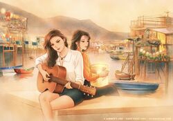  2girls a_summer&#039;s_end:_hong_kong_1986 blouse boat denim guitar highres hong_kong instrument jeans jewelry lilaccu mountain multiple_girls necklace official_art pants river shirt village watercraft white_shirt yuri 