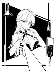  absurdres bare_shoulders braid breasts chinese_commentary collarbone commentary_request dress earrings female french_braid girls&#039;_frontline glass greyscale gu_da_yu halter_dress halterneck hand_on_own_cheek hand_on_own_face highres jewelry long_hair looking_at_viewer medium_breasts monochrome necktie necktie_grab neckwear_grab official_alternate_costume open_mouth ots-14_(girls&#039;_frontline) ots-14_(ruler_of_the_banquet)_(girls&#039;_frontline) parted_lips pov ring solo upper_body white_background 