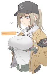  blue_eyes blush breast_lift breasts brown_hair commentary dima_(girls&#039;_frontline) female girls&#039;_frontline hat highres korean_commentary large_breasts ponytail sidelocks solo sweatdrop zzzearly 