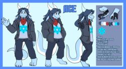  2022 absurd_res ace_(kamex) anthro barefoot black_paws black_tongue blue_body blue_fur blue_hair bonestheskelebunny01 bottomwear bovid brown_eyes caprine clothing countershading digitigrade dragon ear_piercing ear_ring english_text facial_hair fangs feet floppy_ears fur furred_dragon furred_scalie goat goatee hair hi_res horn hybrid information jacket long_ears long_hair long_nails male mammal model_sheet mythological_creature mythological_scalie mythology pants pawpads piercing ring_piercing scalie shirt snowflake solo tail tall teeth text tongue topwear 