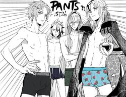  4boys axel_syrios bottle boxers briefs calvin_klein cloak ear_piercing food_print glasses holding holding_bottle holostars holostars_english holotempus long_hair magni_dezmond male_underwear monochrome multiple_boys noir_vesper partially_colored piercing potion regis_altare short_hair topless_male underwear underwear_writing virtual_youtuber watermelon_print yoshizuka_mayako 