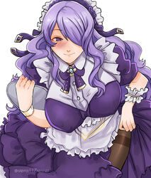  alternate_costume apron blush bow bowtie breasts brown_pantyhose camilla_(fire_emblem) closed_mouth commentary cosplay dress english_commentary enmaided female fire_emblem fire_emblem_fates fire_emblem_heroes hair_over_one_eye holding holding_tray large_breasts long_hair looking_at_viewer maid maid_headdress one_eye_covered pantyhose puffy_short_sleeves puffy_sleeves purple_bow purple_bowtie purple_dress purple_eyes purple_hair short_sleeves sierra117renner signature simple_background smile solo tailtiu_(fire_emblem) tailtiu_(fire_emblem)_(cosplay) tailtiu_(tea_party)_(fire_emblem) tray twitter_username waist_apron wavy_hair white_apron white_background 