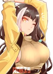  arms_up belt black_hair blunt_bangs breasts female girls&#039;_frontline hayadai highres jacket large_breasts long_hair long_sleeves looking_at_viewer low-tied_long_hair multicolored_hair one_eye_closed open_clothes ribbed_sweater ro635_(girls&#039;_frontline) sideboob simple_background sleeveless solo streaked_hair stretching sweater turtleneck upper_body white_background white_hair yellow_eyes yellow_jacket 