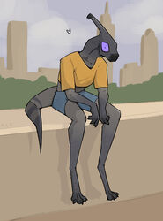  anthro bottomwear callum_(zagz) city cityscape clothed clothing cloud crop_top detailed_background dinosaur extinct grey_body hadrosaurid heart_symbol hi_res hotpants looking_at_viewer male markings ornithischian ornithopod outside parasaurolophus plant prehistoric_species purple_eyes reptile scalie shirt shorts sitting sky skyscape solo tail tail_markings topwear zagz 