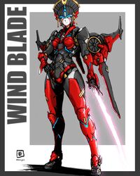  absurdres autobot beam_saber beam_sword beam_weapon blue_eyes border character_name energy_gun female flame_toys flame_toys_windblade frown grey_border hand_on_own_hip highres holding holding_sword holding_weapon humanoid_robot looking_at_viewer mecha moyan procreate_(medium) robot robot_girl shadow solo sword transformers twitter_username weapon windblade 