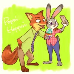  2016 3_toes anthro barefoot border bottomwear canid canine cellphone claws clothed clothing dessert disney duo electronics feet food fox fully_clothed fur green_background holding_cellphone holding_food holding_object holding_phone ice_cream judy_hopps lagomorph leporid mammal mortic_ox necktie nick_wilde open_mouth open_smile orange_body orange_fur pants phone plantigrade rabbit red_fox selfie shirt simple_background smile toes topwear true_fox white_border zootopia 