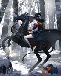  2girls 3boys animal black_headwear black_skirt blonde_hair blush bow breasts brown_footwear brown_gloves canking closed_mouth coin collared_shirt commentary day earrings forehead forest gloves gold harry_potter harry_potter_(series) hat hat_bow hermione_granger highres holding holding_wand horse horseback_riding jewelry long_hair long_sleeves looking_at_viewer luna_lovegood medium_breasts multiple_boys multiple_girls nature niffler outdoors pantyhose pleated_skirt red_bow riding river ron_weasley rubeus_hagrid shirt shoes skirt smile snow snowing solo_focus sparkle striped striped_bow sweater_vest thestral tree wand water watermark web_address white_pantyhose white_shirt winged_animal witch_hat wizarding_world 